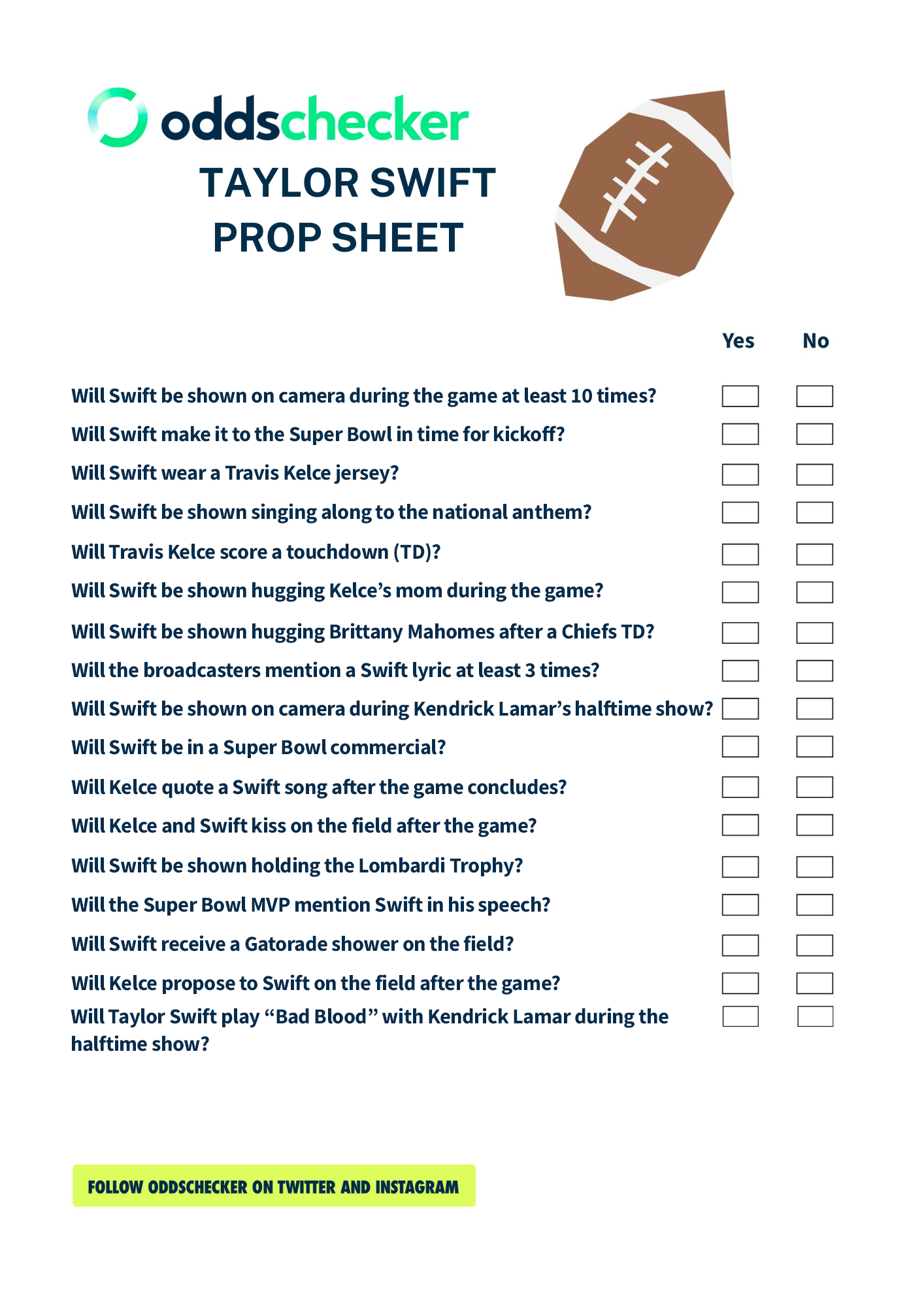 Printable Taylor Swift Super Bowl Prop Sheet Super Bowl 58 Prop Sheet Featuring Taylor Swift Prop Bets