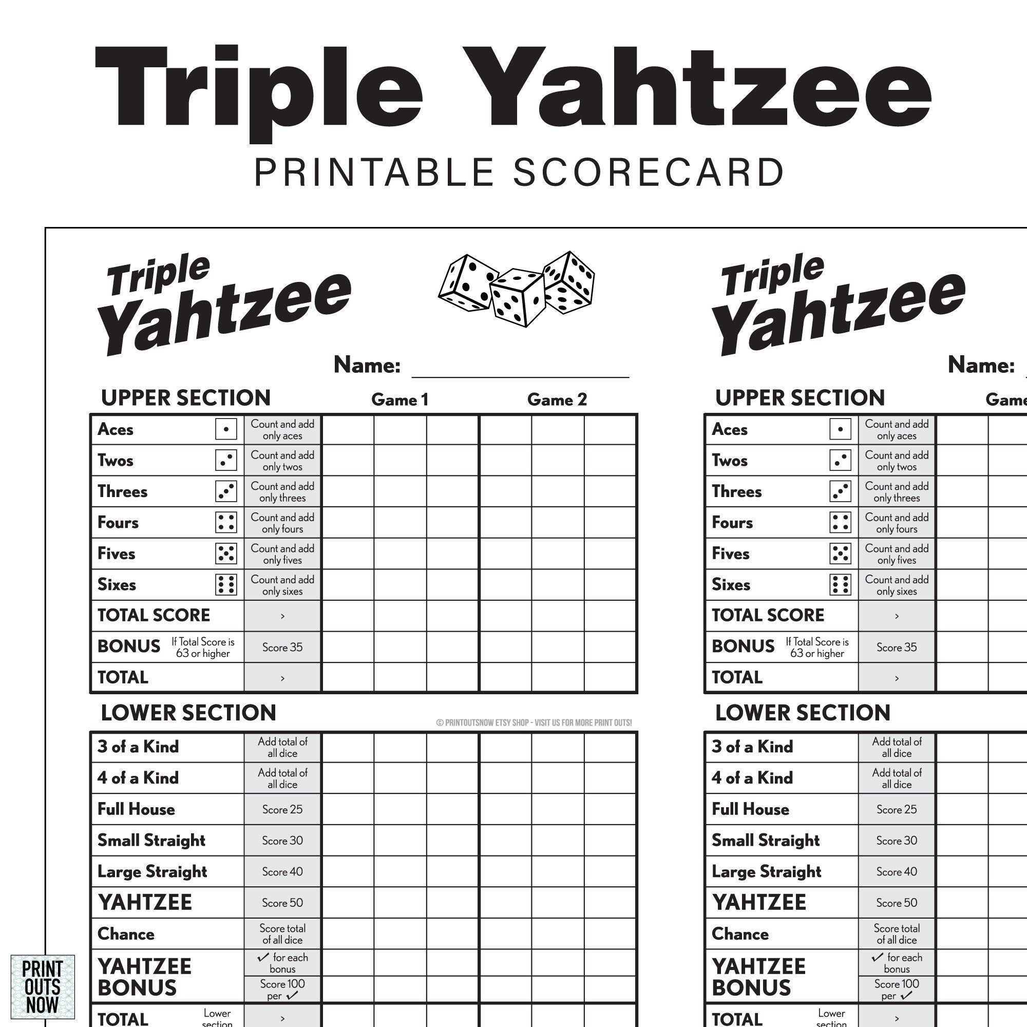 Printable Triple Yahtzee Scorecards Scorepad Print As Many As You Need 8 5x11 And A4 Included Etsy Hong Kong