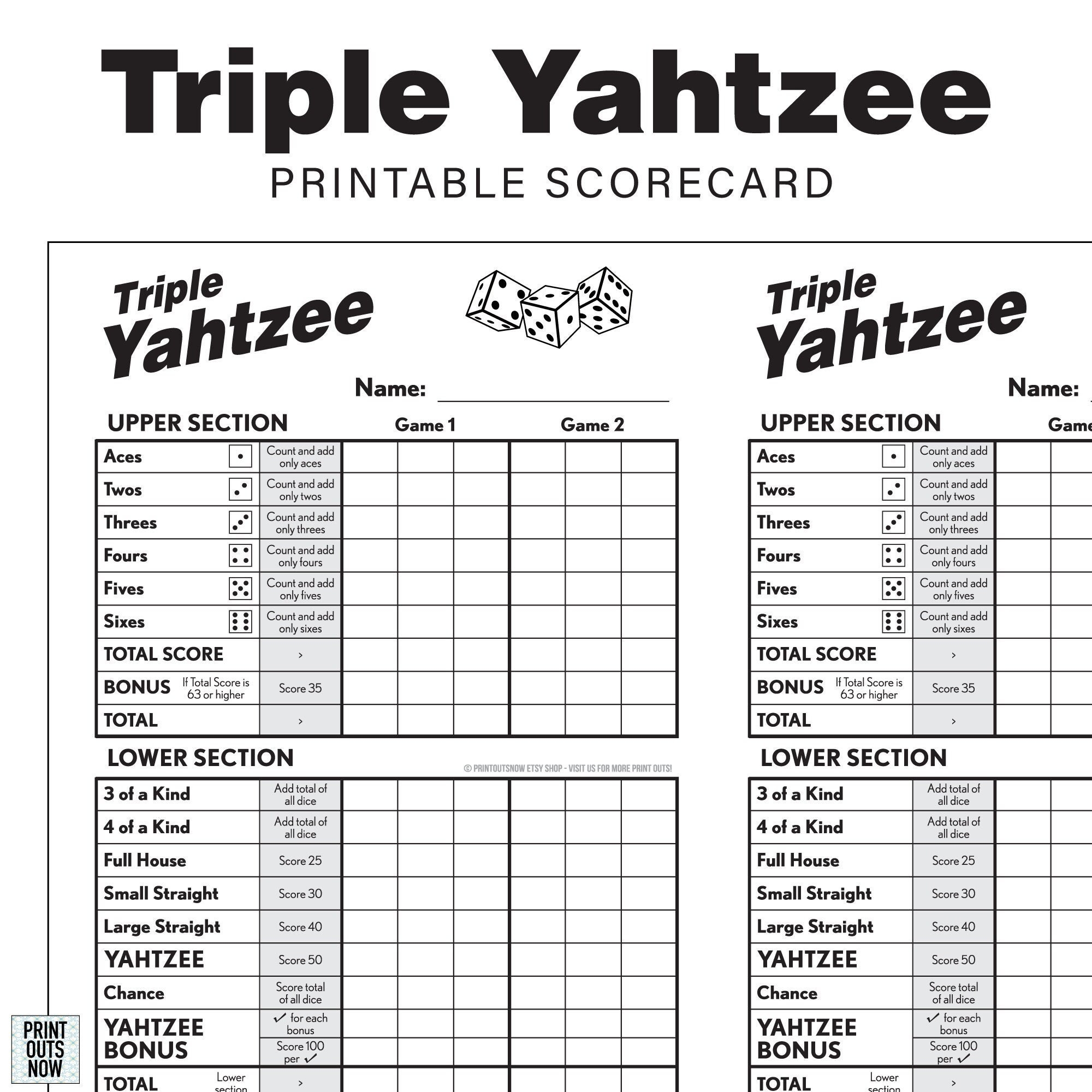 Printable Triple Yahtzee Scorecards Scorepad Print As Many As You Need 8 5x11 And A4 Included Etsy