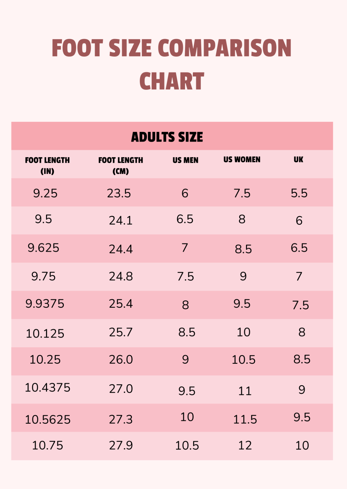 Zappos Shoe Size Chart Printable