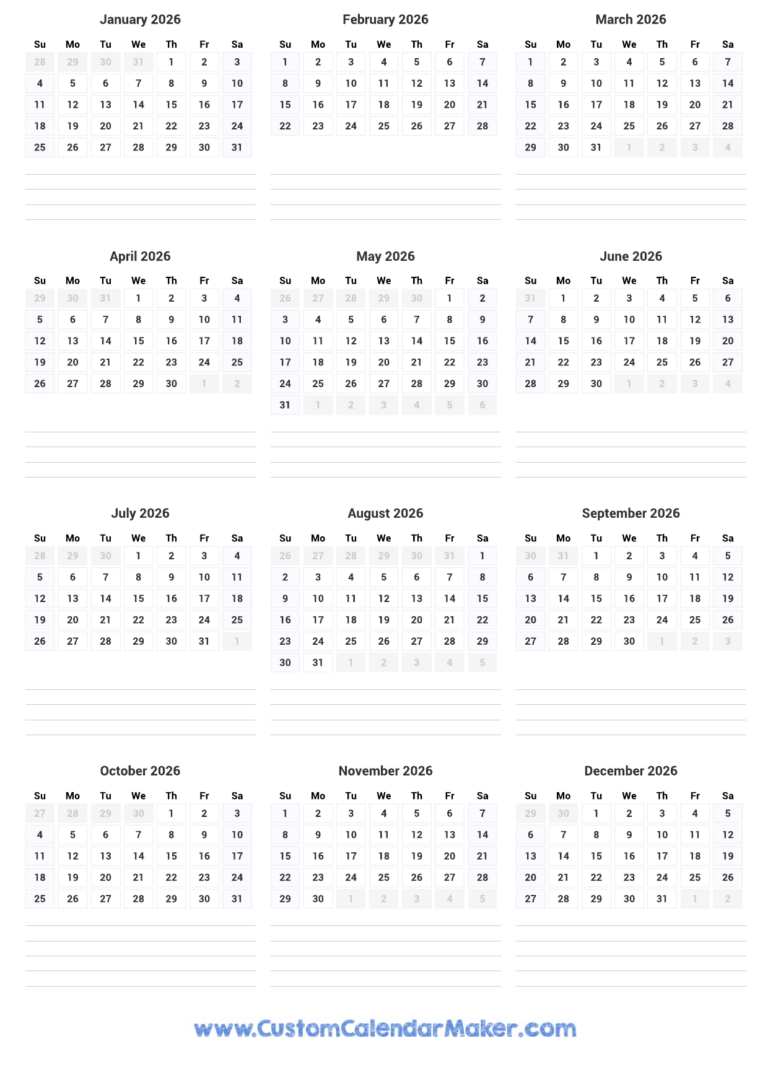 Printable Yearly Calendar 2026 Full Year At A Glance Custom Calendar Maker
