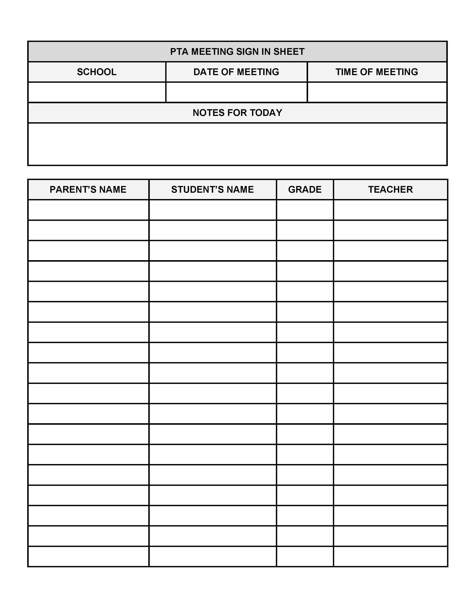 PTA Meeting Sign In Sheet Template