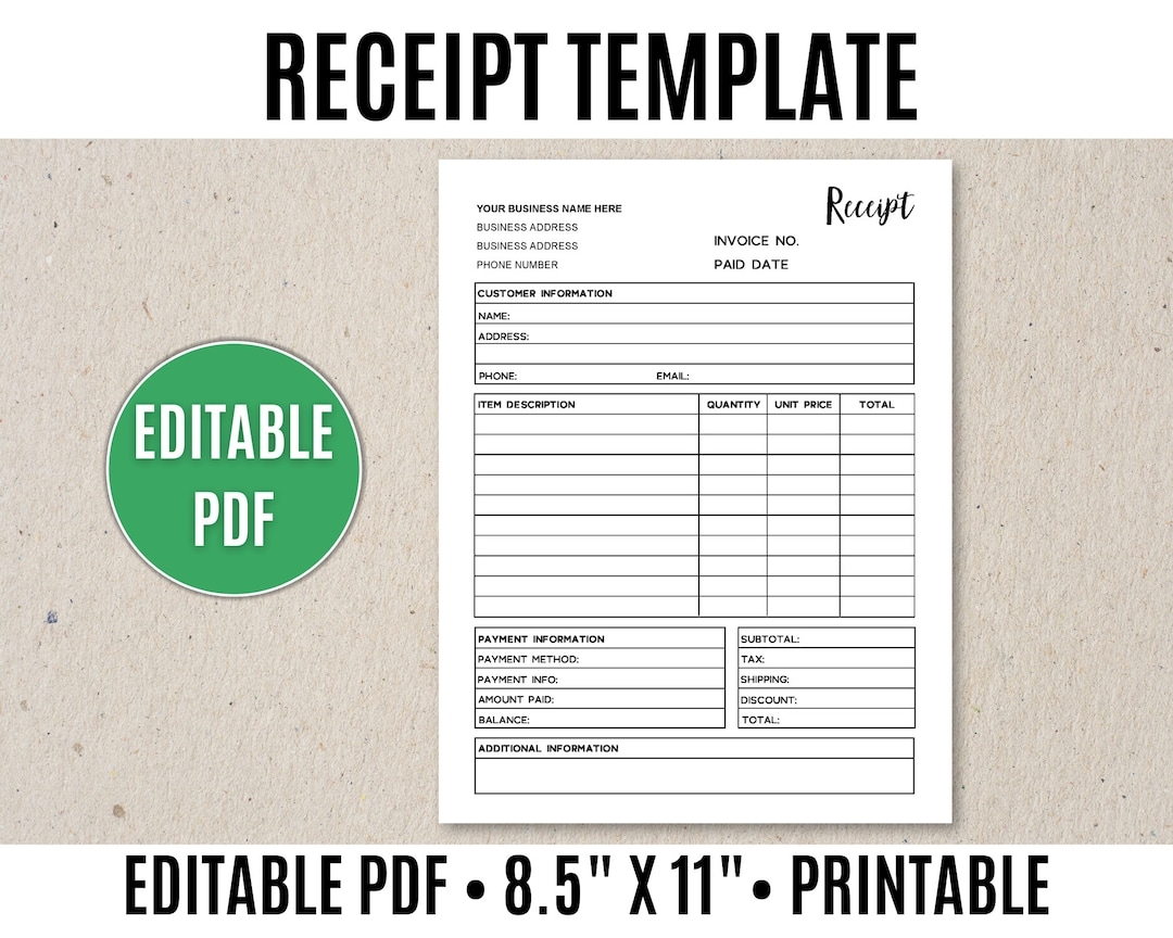 Receipt Template Editable Printable Order Receipt Editable PDF Etsy UK