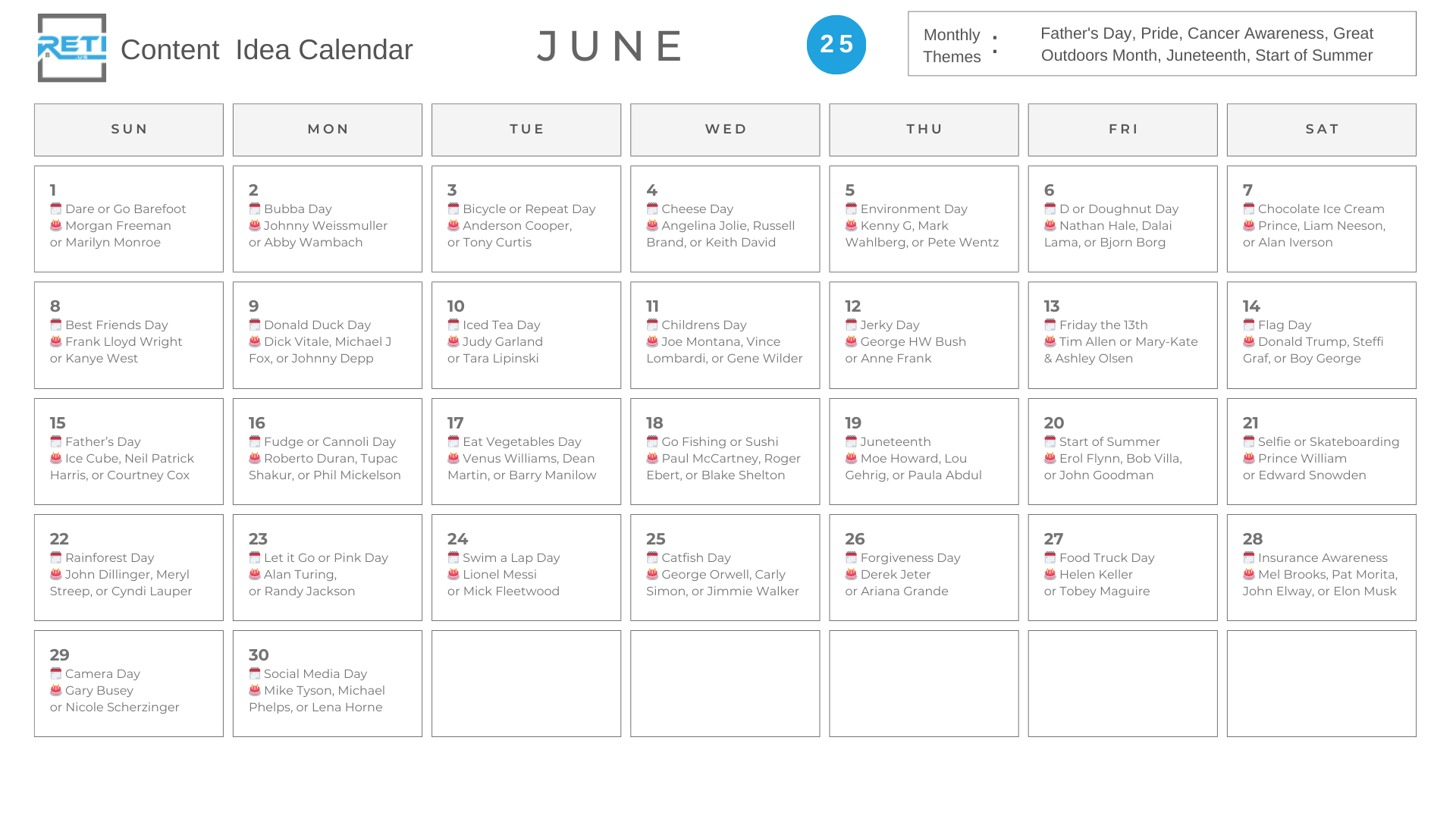 RETI Content Idea Posting Calendar For June 2025 RETI us