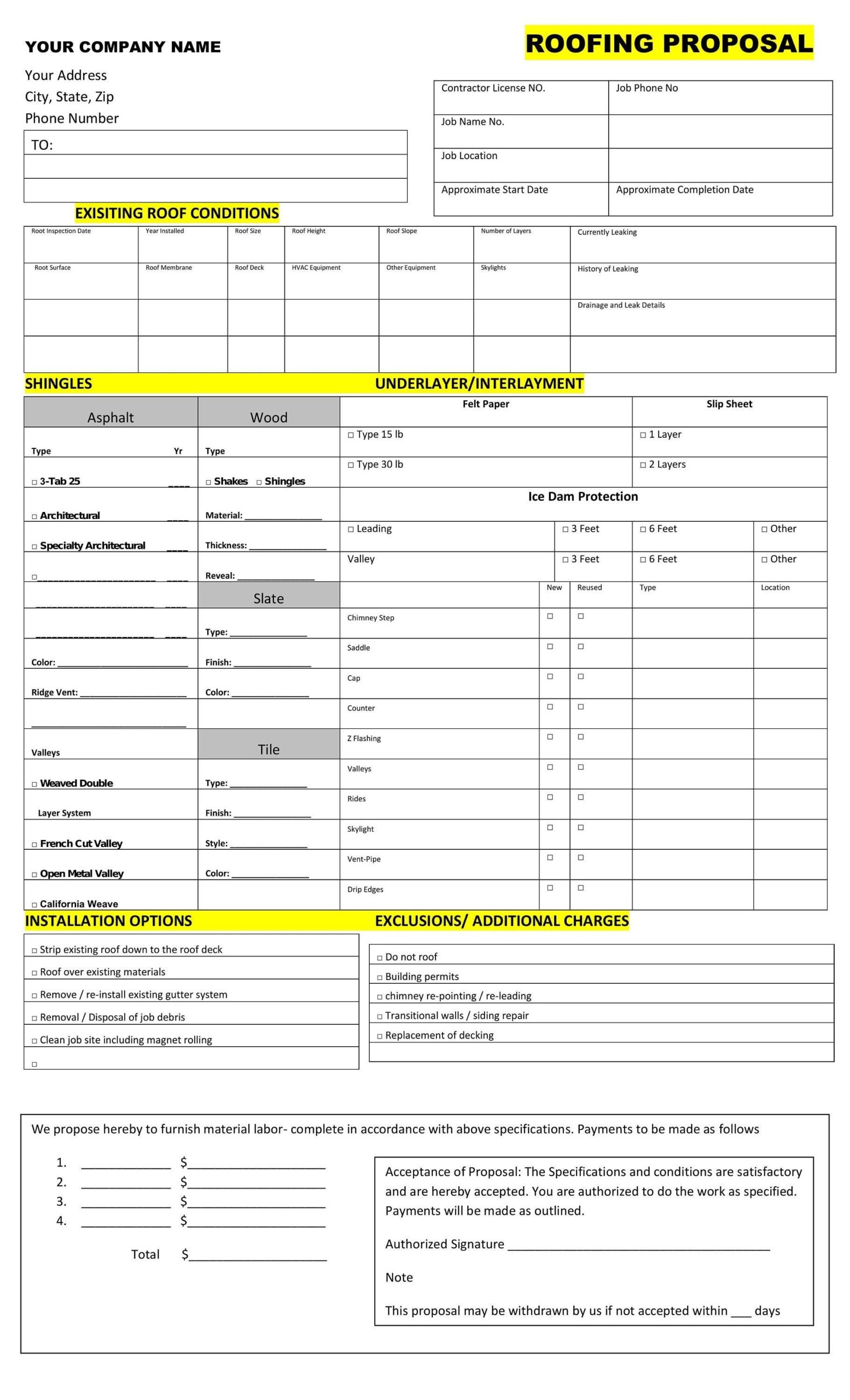 Roofing Proposal Templates PRINTABLE FORM 8 5 By 14 Legal Document some Highlighted In Yellow Etsy Norway