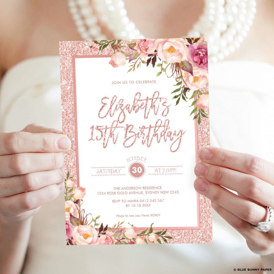 Rose Gold Birthday Invitation Template Blush Floral Quincea era Party Invite Glam Glitter Boho Flowers Bridal Printable EDITABLE FLO30 Etsy