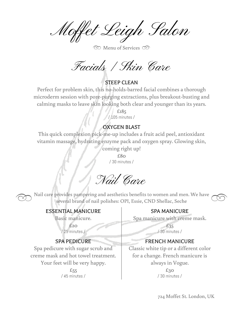 Salon Menu Templates From IMenuPro