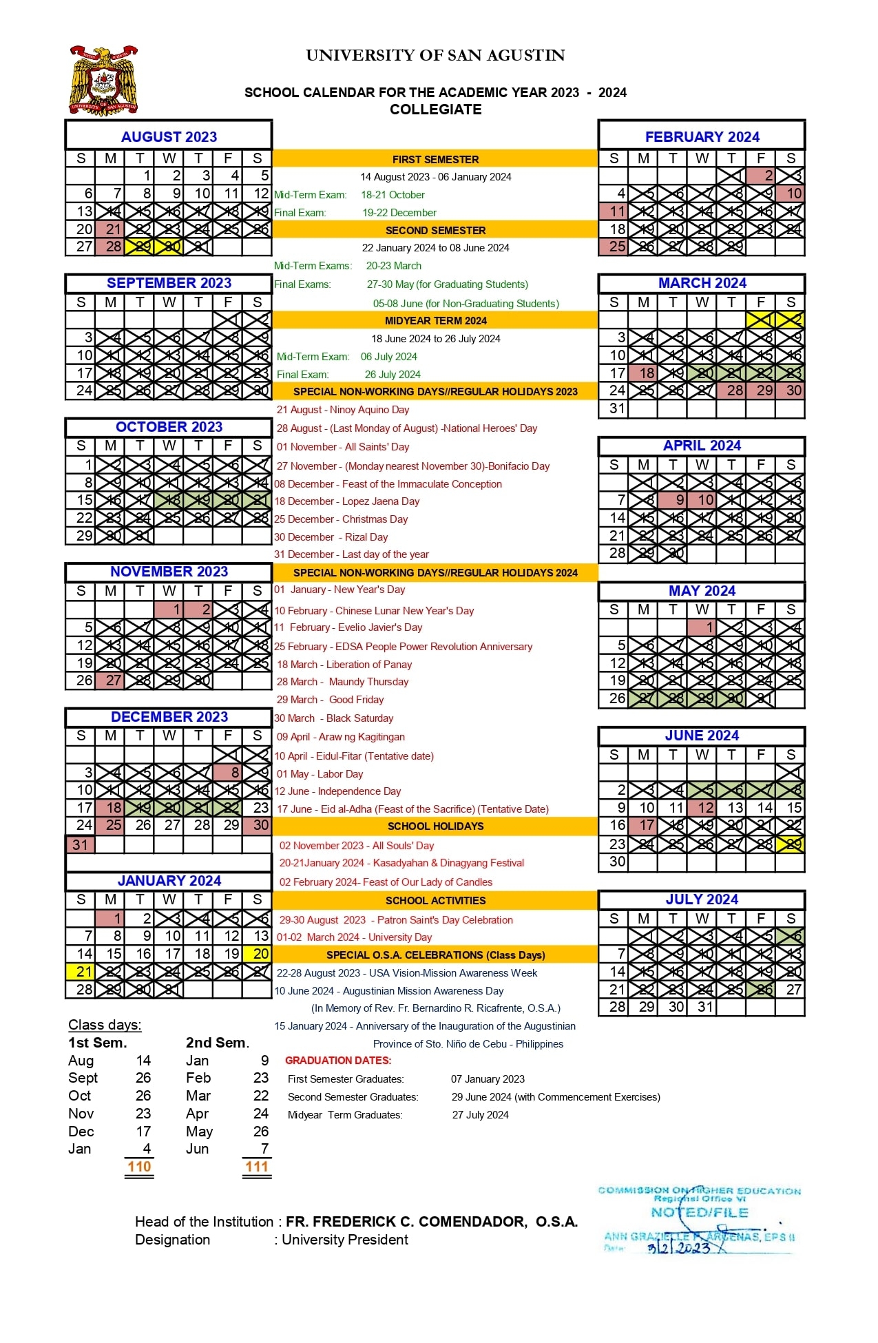 SCHOOL CALENDAR AY 2024 2025 UNIVERSITY OF SAN AGUSTIN