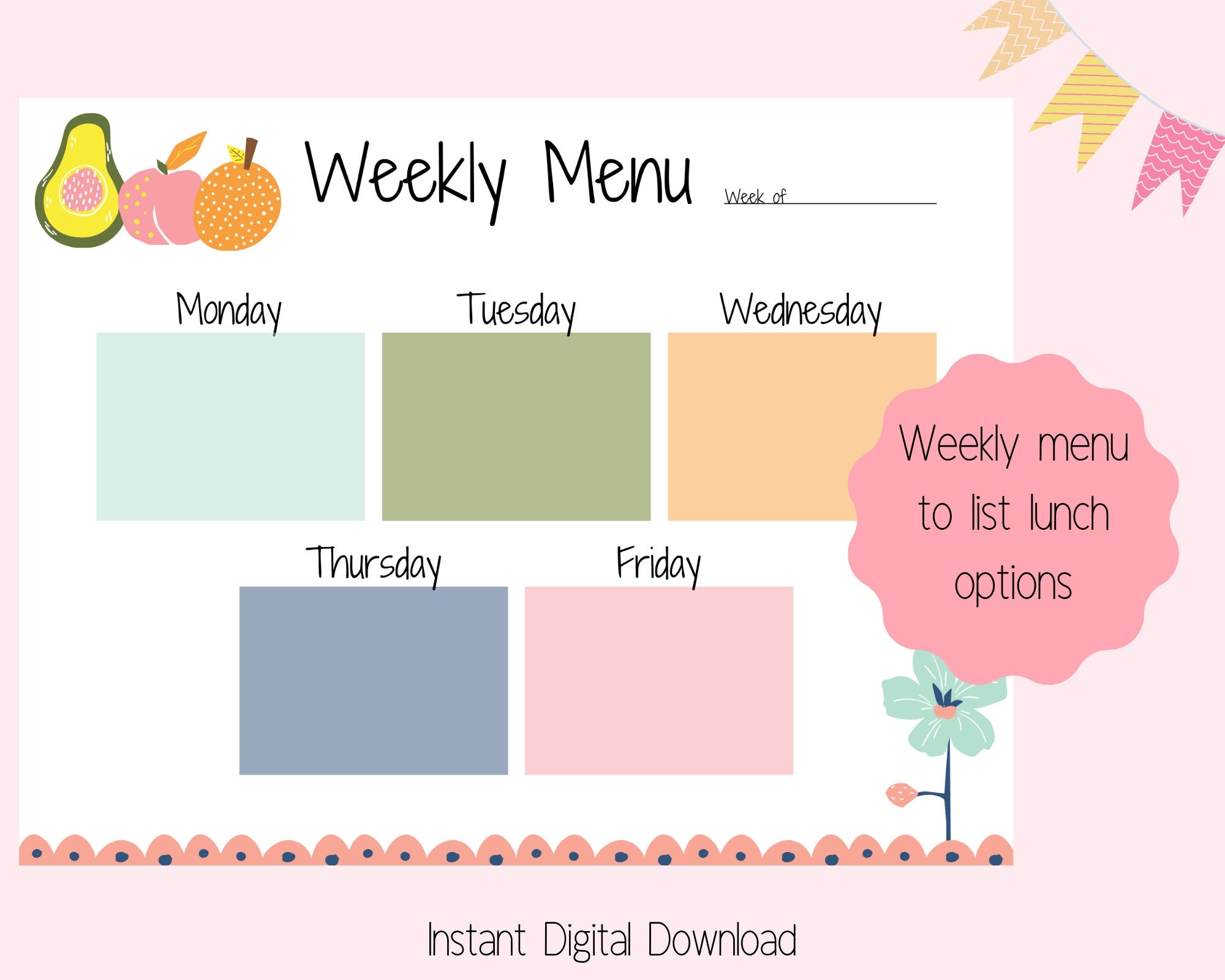 School Lunch Menu Printable Weekly Lunch Menu Template Monthly Lunch Menu Daycare Menu Fruit flower Menu Instant Download Letter Etsy