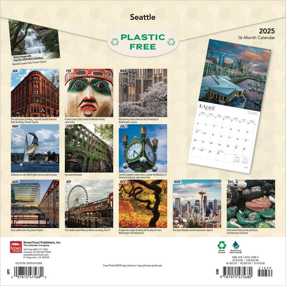 Seattle 2025 12 X 24 Inch Monthly Square Wall Calendar Plastic Free BrownTrout USA United States Of America Washington Pacific West Coast 