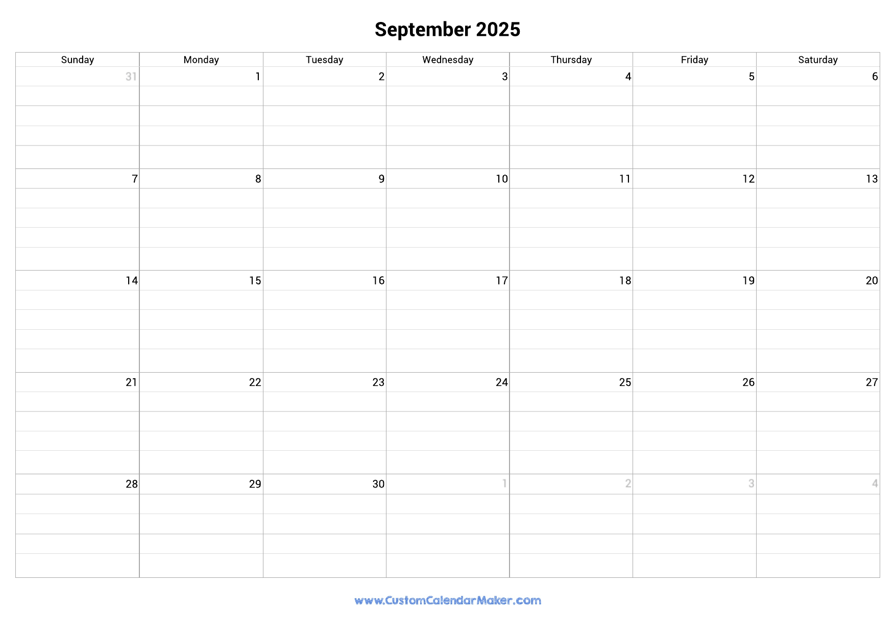 September 2025 Fillable Calendar Grid With Lines Custom Calendar Maker