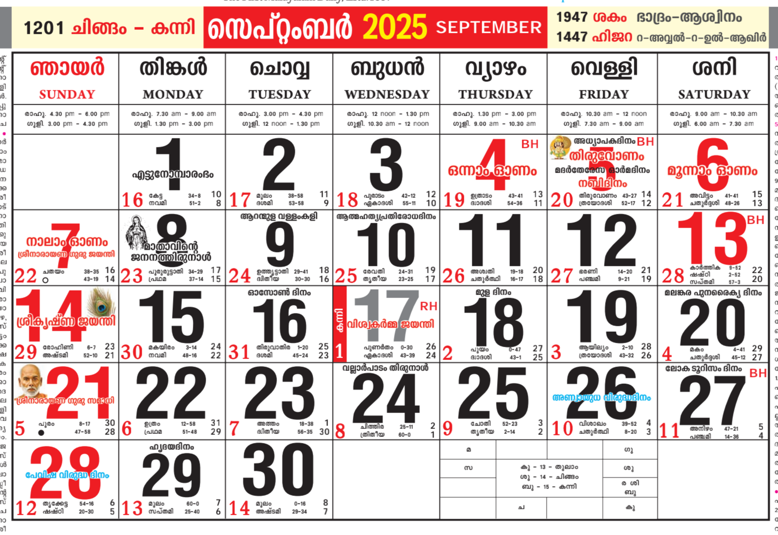 September 2025 Malayalam Calendar All Festivals Holiday And Tithi Lists Calendar Paper