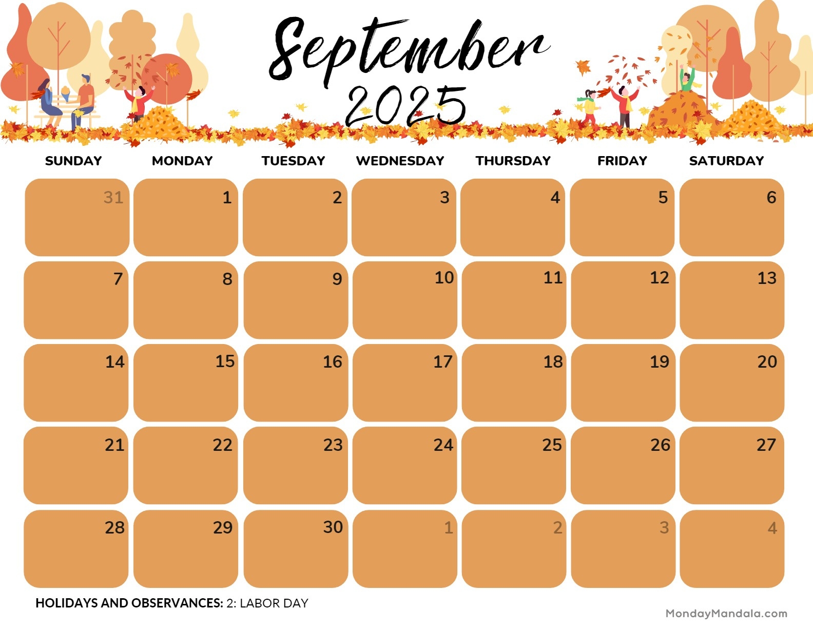 September 2025 Printable Calendar Printable Party Favors