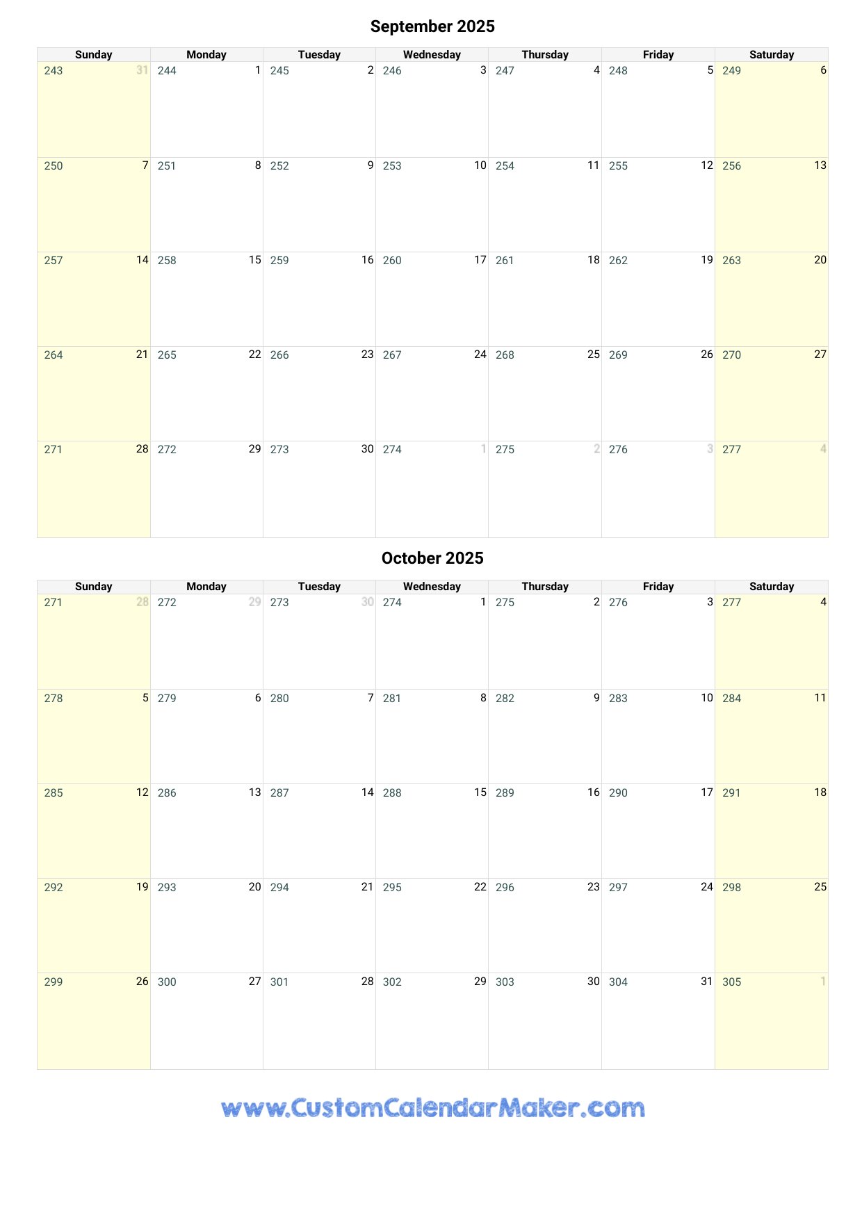 September And October 2025 Calendar Custom Calendar Maker