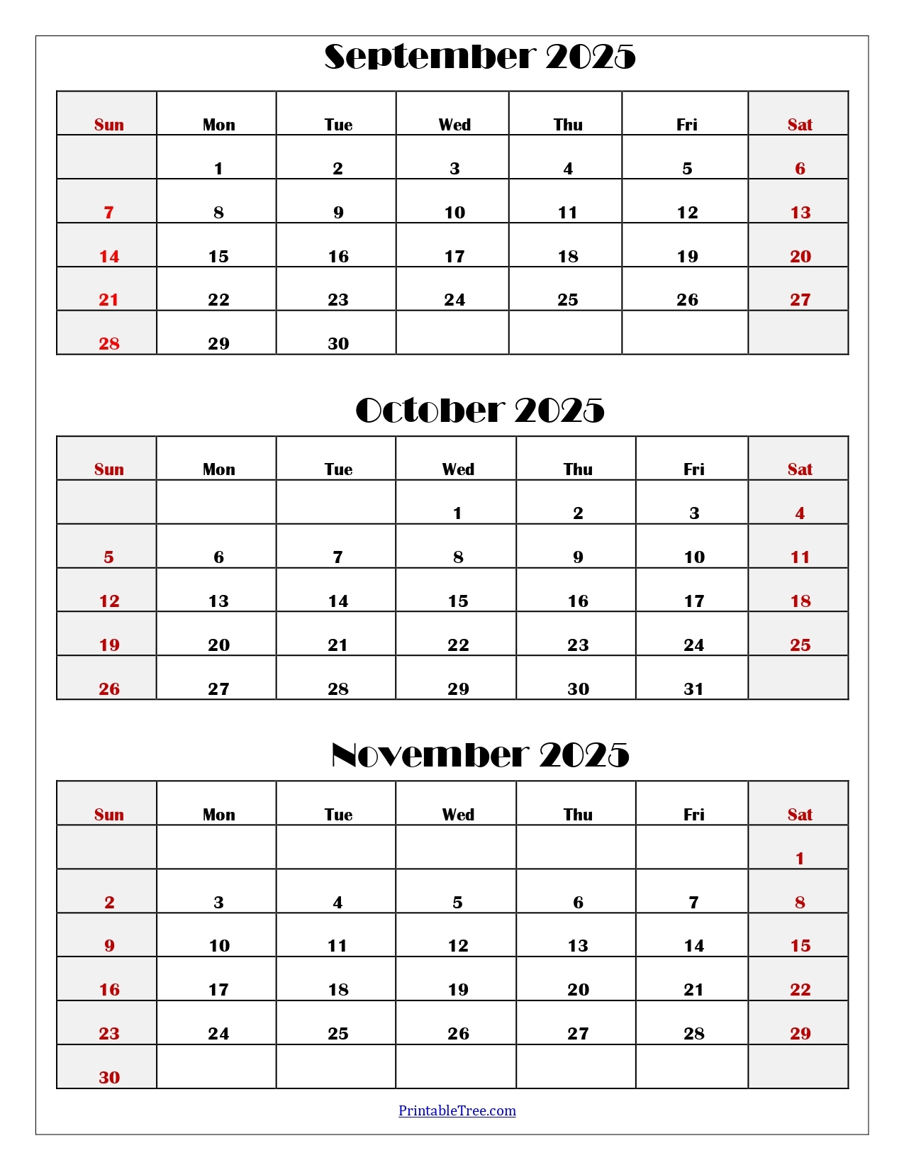 September To November 2025 Calendar Printable PDF Three Months Calendar
