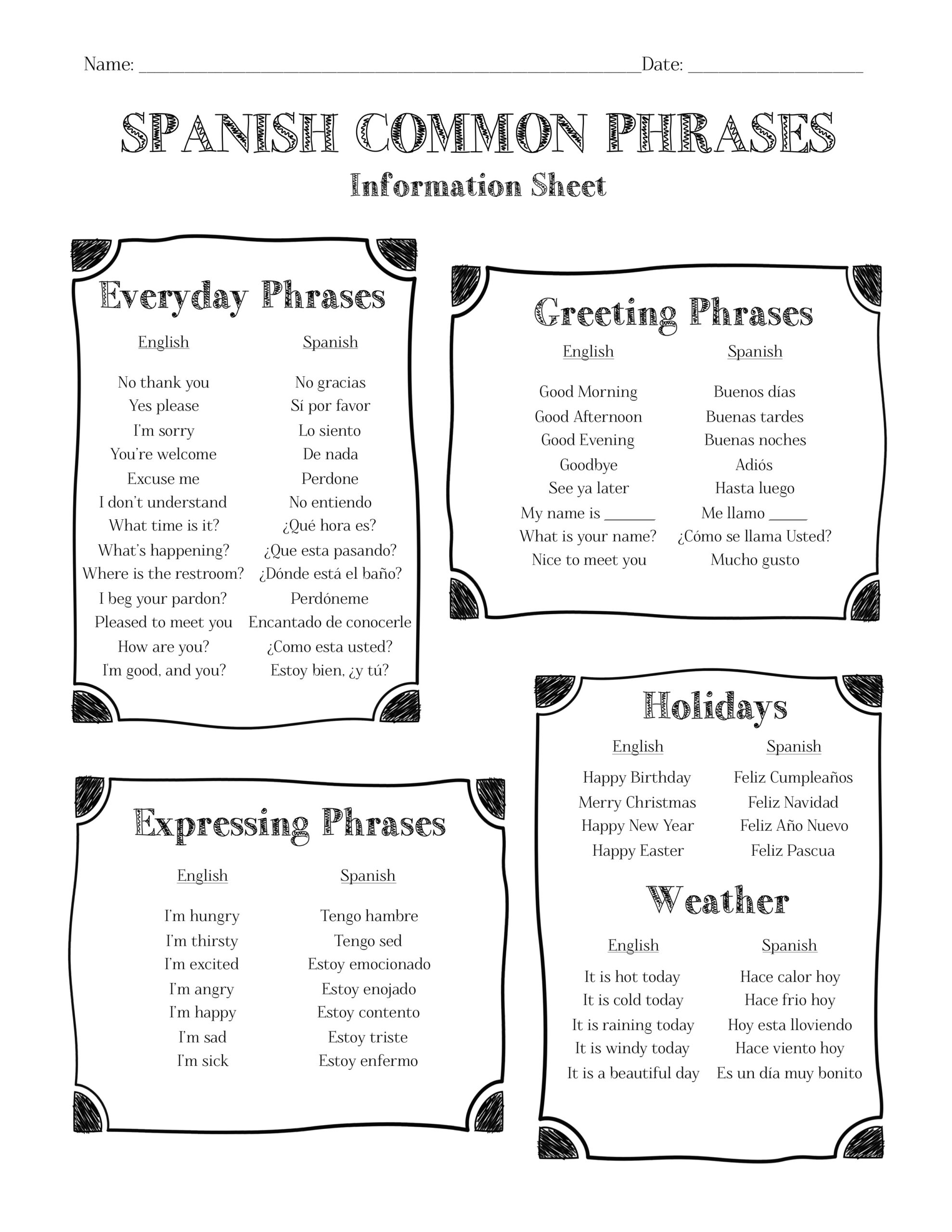Printable Spanish To English Worksheets