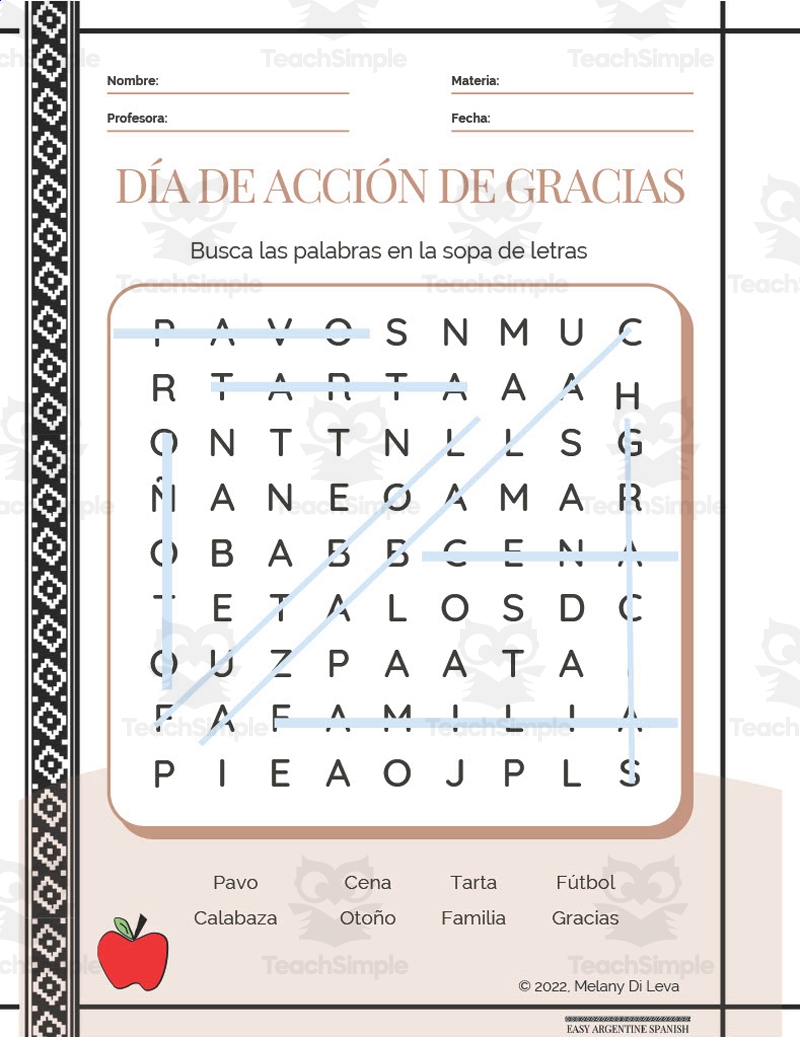 Printable Spanish Thanksgiving Worksheets