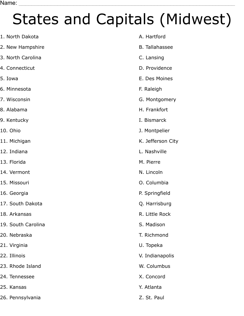 States And Capitals Midwest Worksheet WordMint
