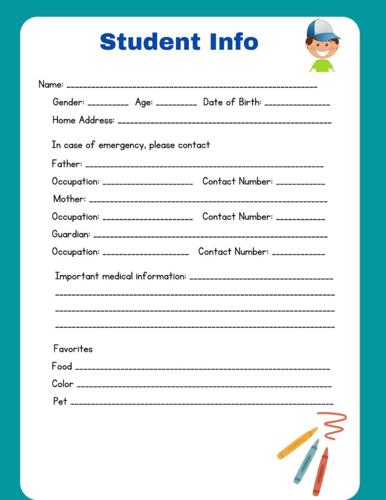 Student Info Sheet Boy Information Sheet Elementary Information Daycare childcare Template Etsy