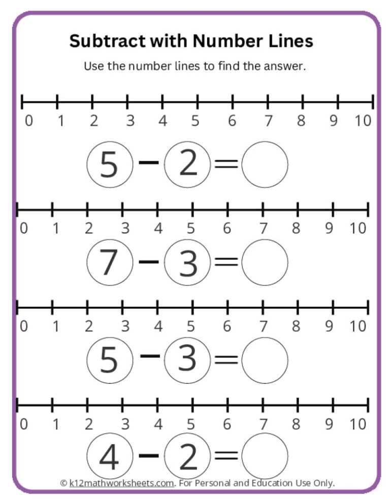 Subtract With Number Lines K12 Math Worksheets