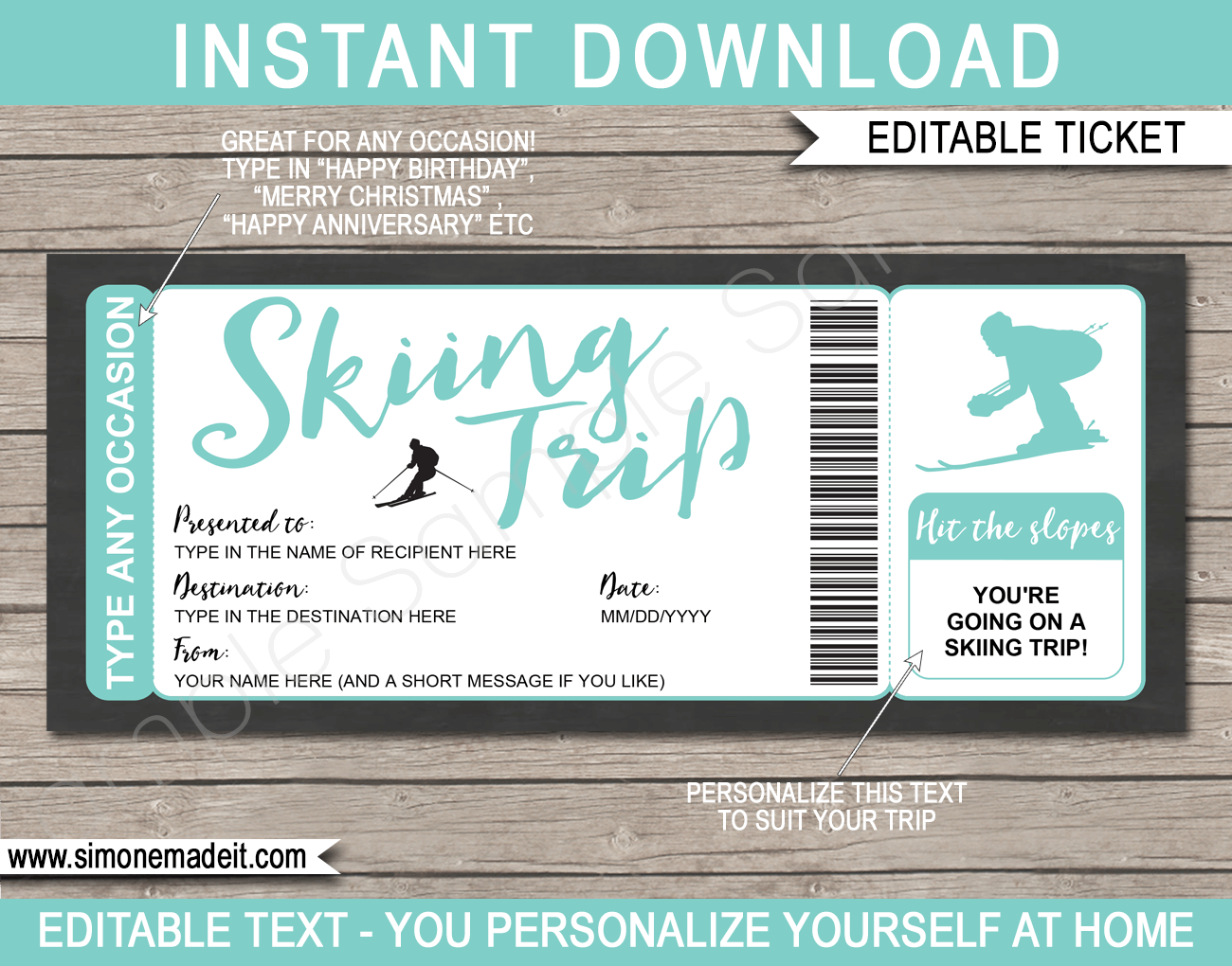 Surprise Skiing Trip Gift Voucher Editable Printable Ski Pass Template