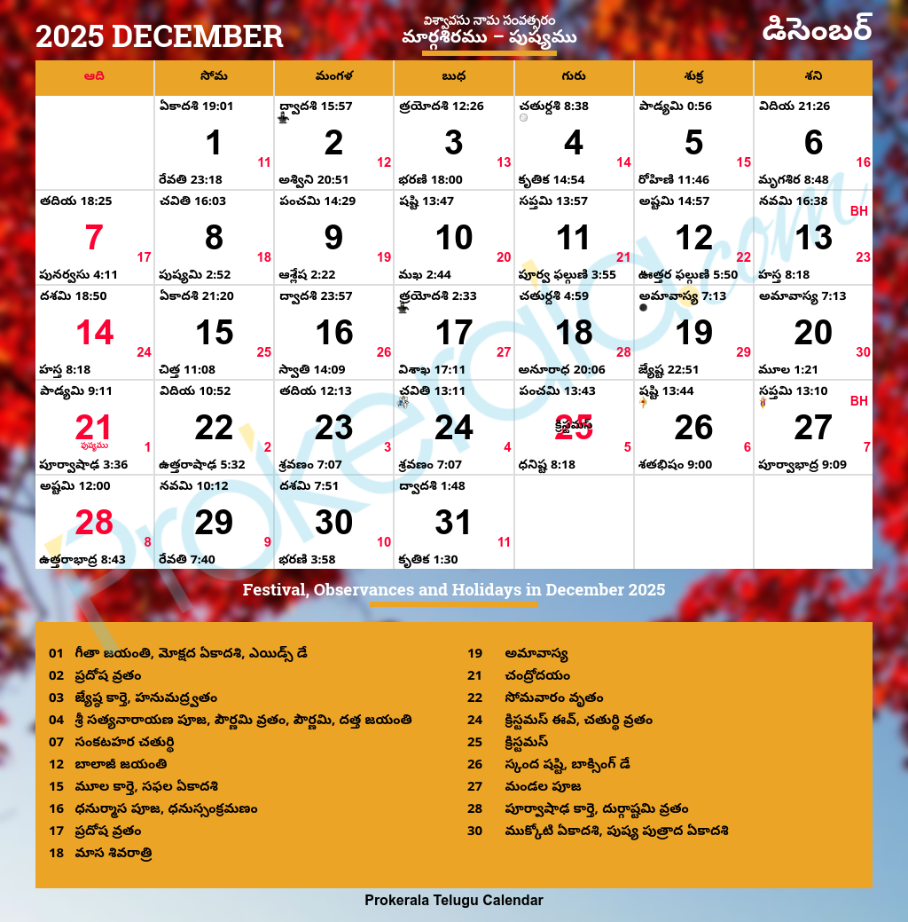 Telugu Calendar 2025 December