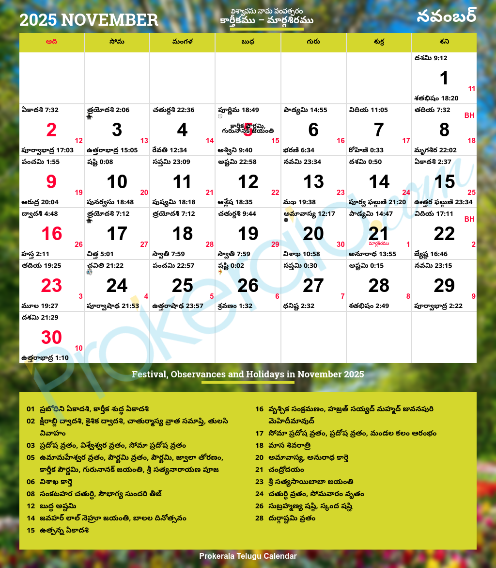 Telugu Calendar 2025 November