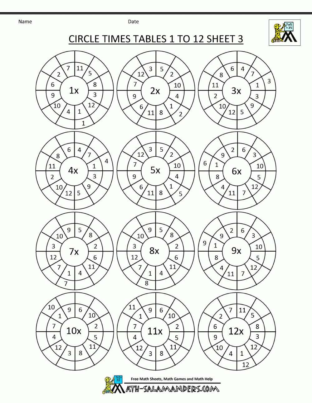 Times Table Worksheet Circles 1 To 12 Times Tables