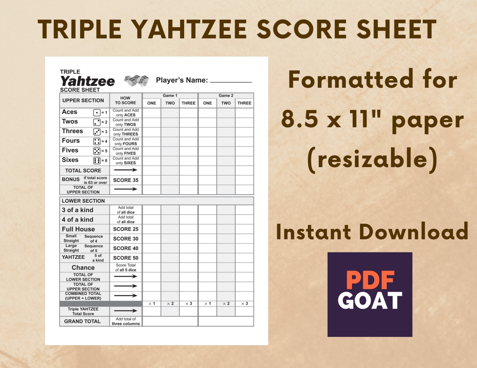 Triple Yahtzee Score Sheet Printable File PDF Download 8 5x11 In Etsy Triple Yahtzee Score Sheet Printable File PDF Download 8 5x11 In Etsy