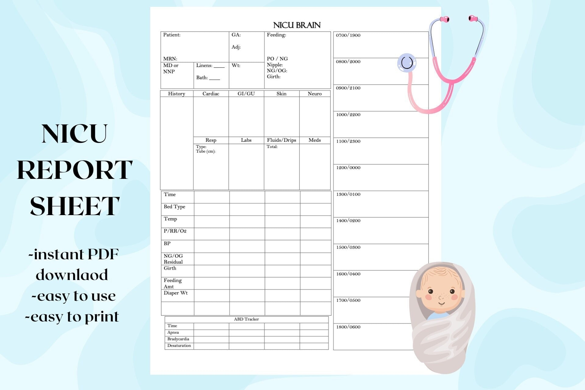 Ultimate NICU Report Sheet Digital Download Etsy