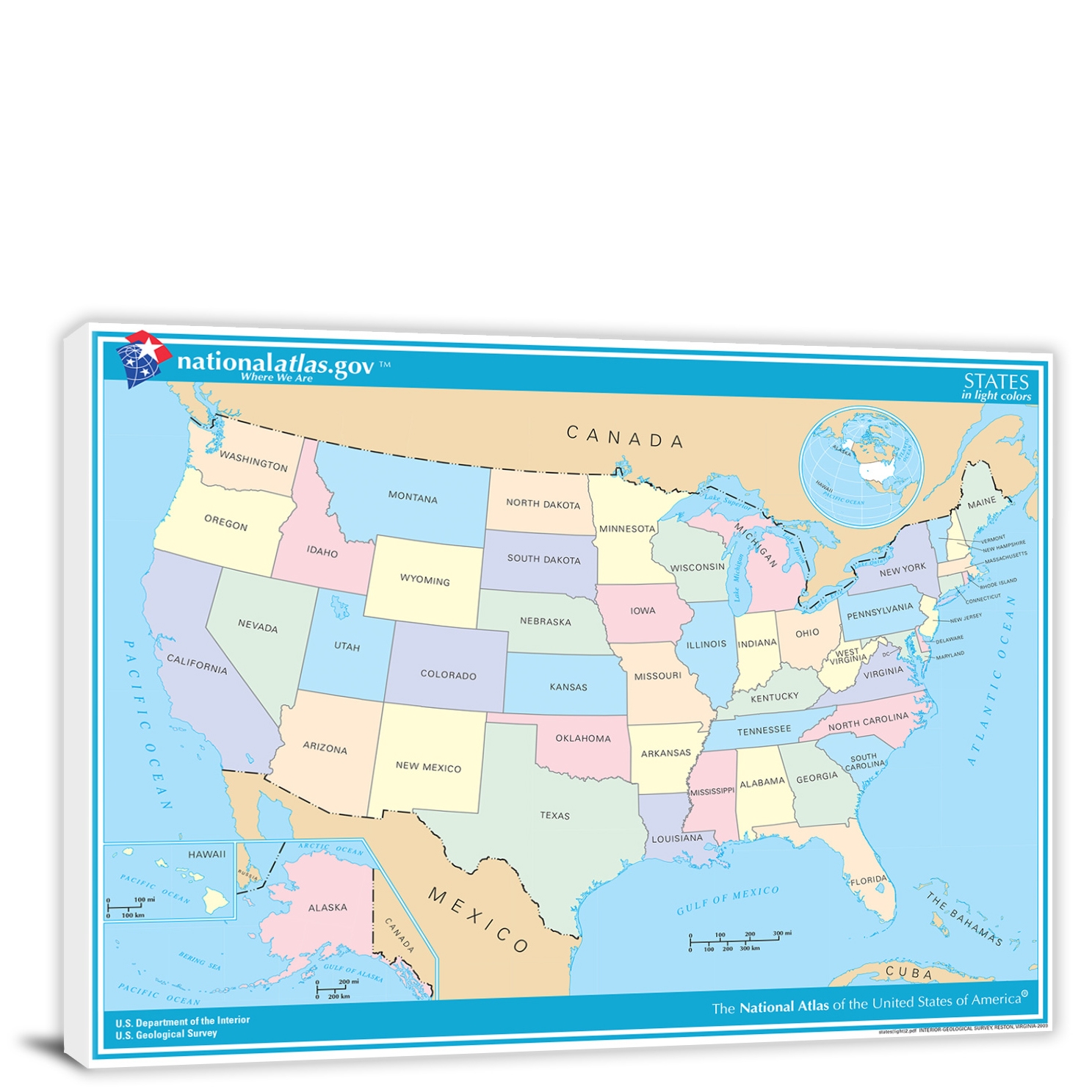 USA National Atlas States Color Map 2022 Canvas Wrap