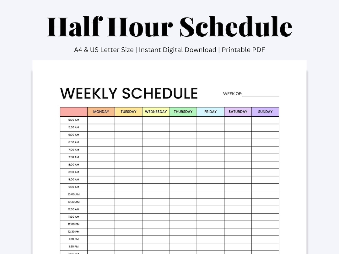 Weekly Schedule Half Hour Weekly Planner Hour By Hour Planner Block Time Schedule Productivity Planner Printable PDF US Letter A4 Etsy